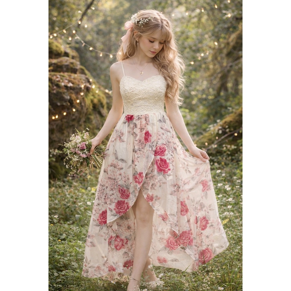 Lily Rose Babydoll Cottage Maxi Dress S Floral Lace Chiffon Y2K Coquette Fairy